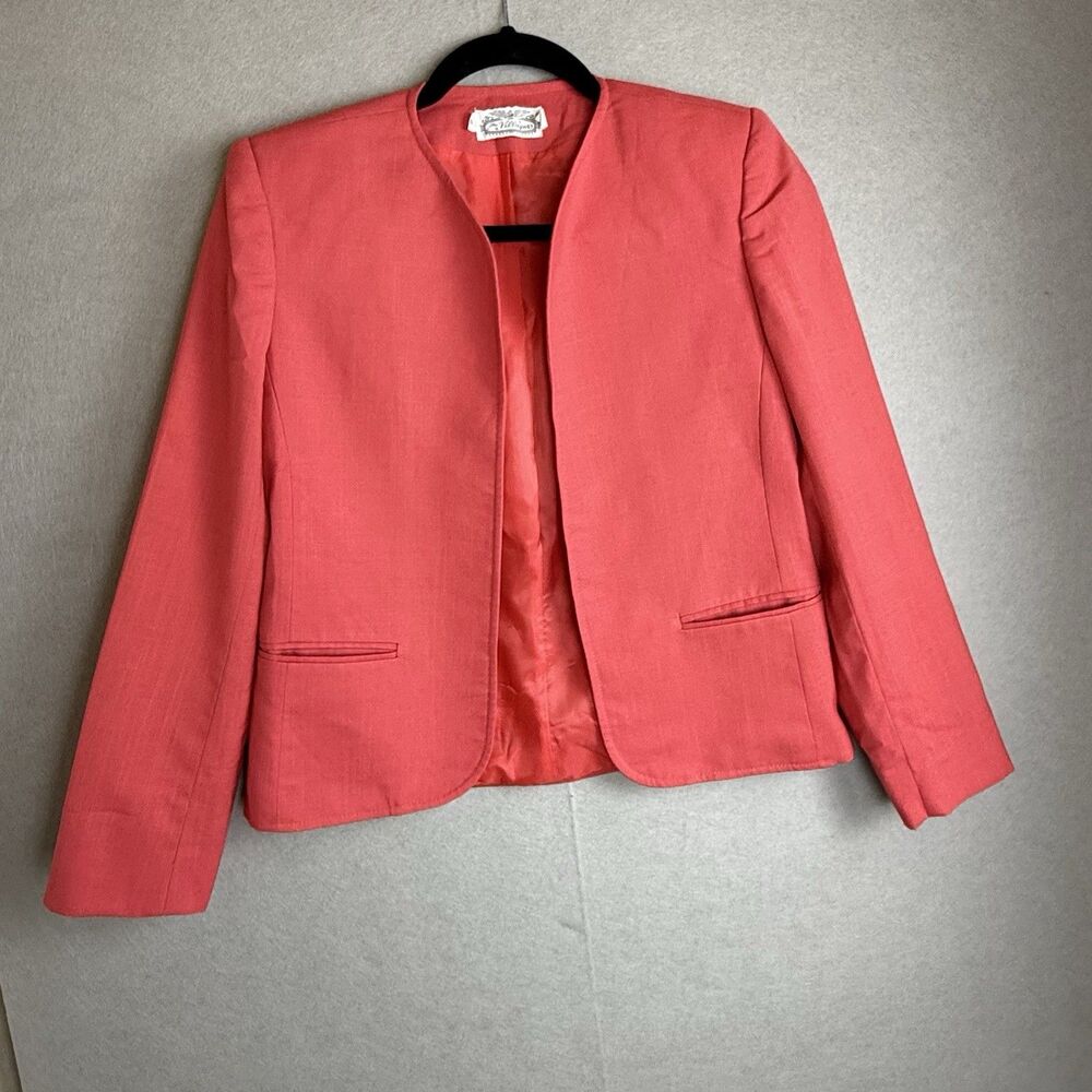 Vintage The Villager‎ Women 6 Coral Pink Collarless Open Front Blazer Jacket